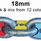 Metal chain link with colour-coded ends and text indicating size and colour options