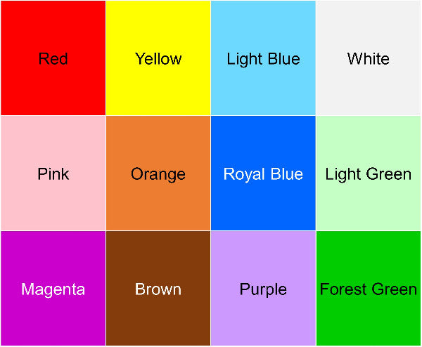 Grid of colour swatches labeled with their names.
