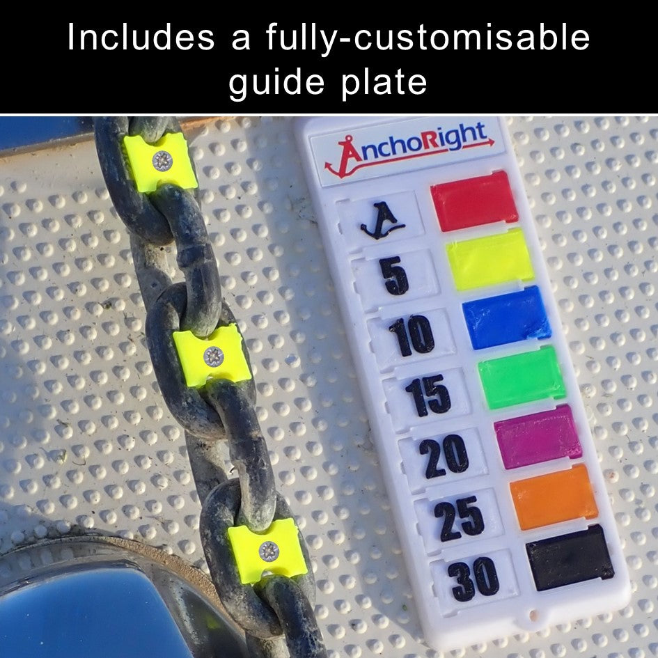 Anchoring chain with a guide plate showing the anchor lengths with coloured labels