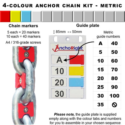 4-colour anchor chain marking kit with chain markers and guide plate showing metric measurements