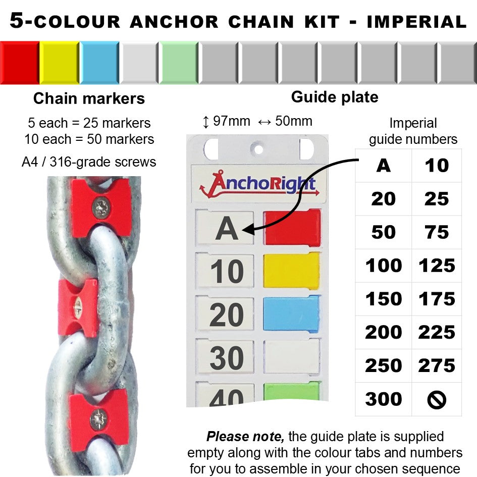 5-colour anchor chain marking kit with chain markers and guide plate showing imperial measurements