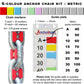 6-colour anchor chain marking kit with chain markers and guide plate showing metric measurements