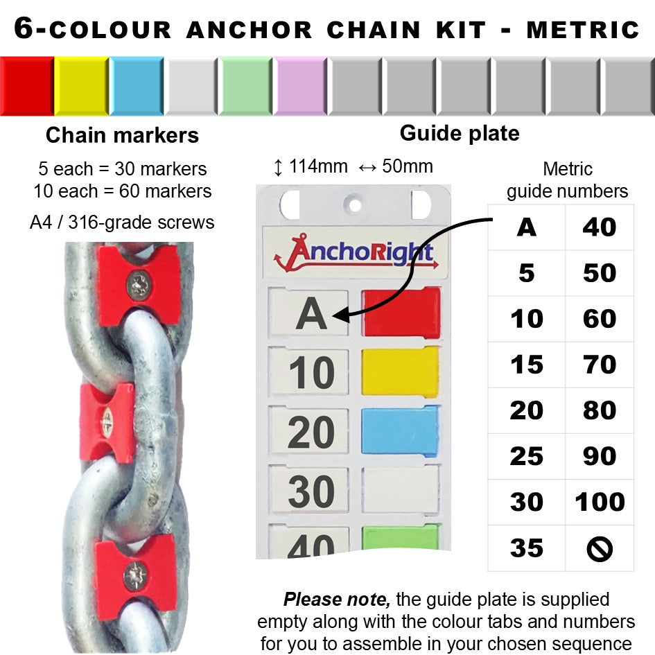 6-colour anchor chain marking kit with chain markers and guide plate showing metric measurements