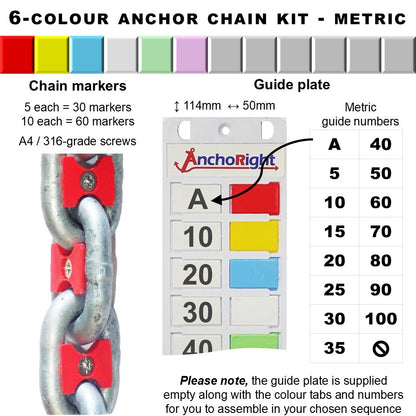 6-colour anchor chain marking kit with chain markers and guide plate showing metric measurements
