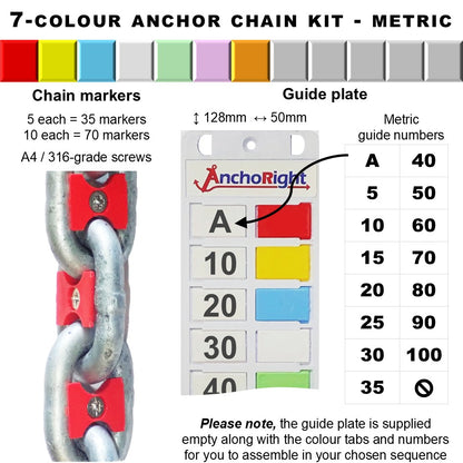 7-colour anchor chain marking kit with chain markers and guide plate showing metric measurements