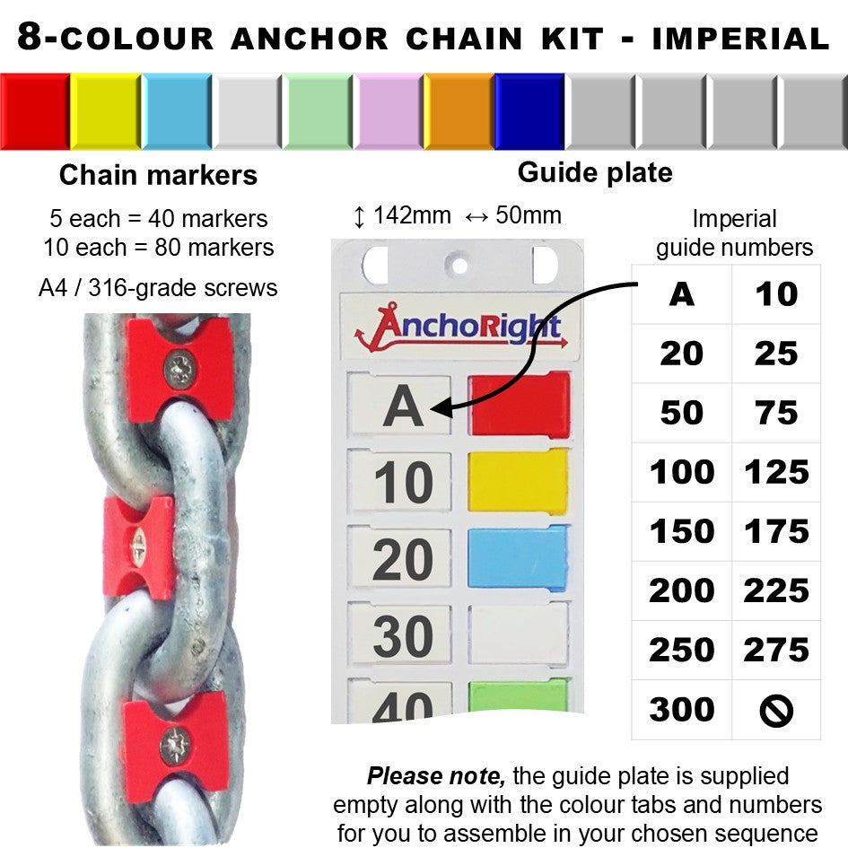 8-colour anchor chain marking kit with chain markers and guide plate showing imperial measurements