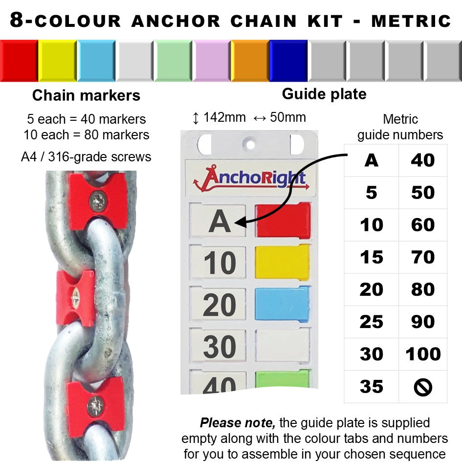 8-colour anchor chain marking kit with chain markers and guide plate showing metric measurements