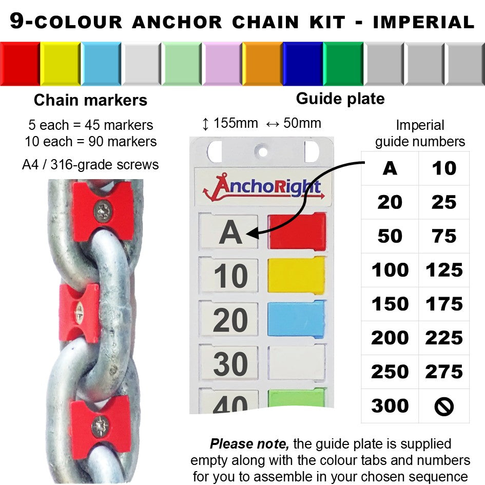 9-colour anchor chain marking kit with chain markers and guide plate showing imperial measurements