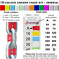 10-colour anchor chain marking kit with chain markers and guide plate showing imperial measurements