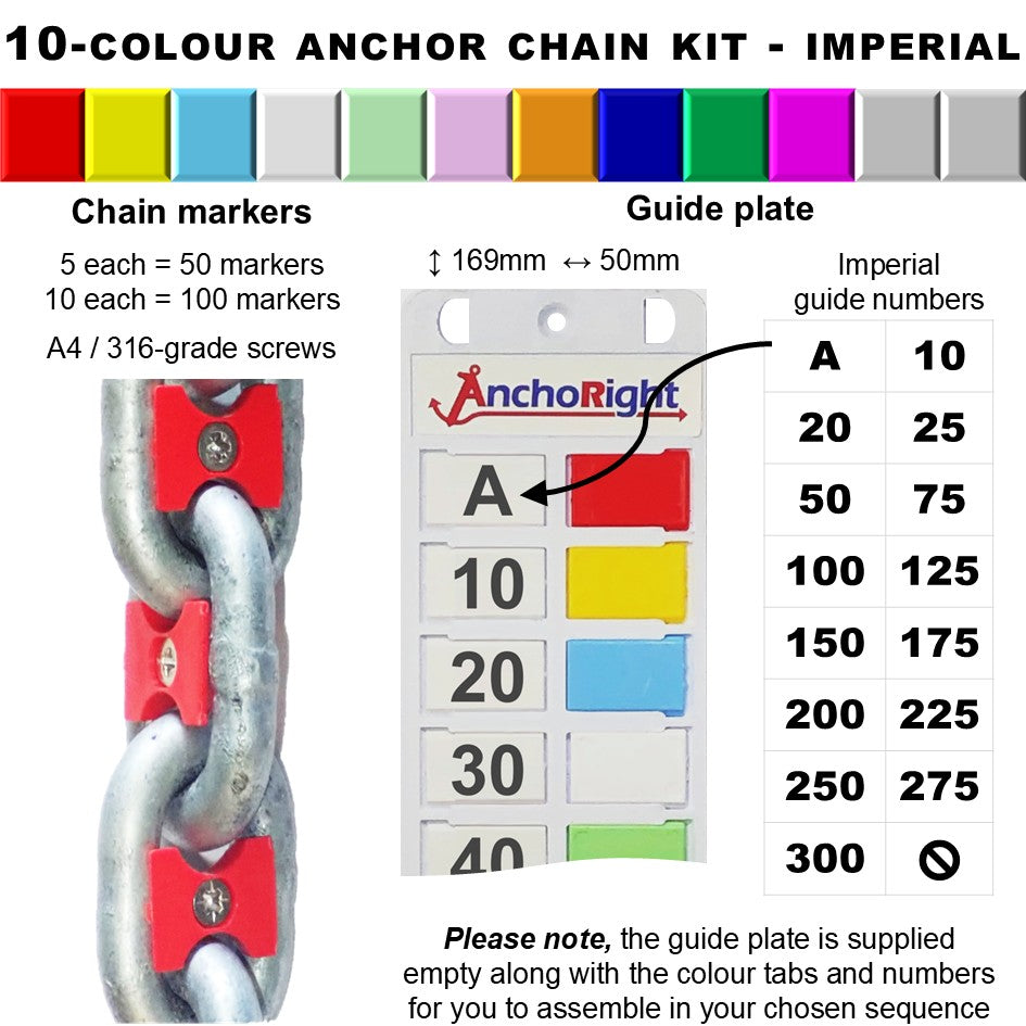 10-colour anchor chain marking kit with chain markers and guide plate showing imperial measurements