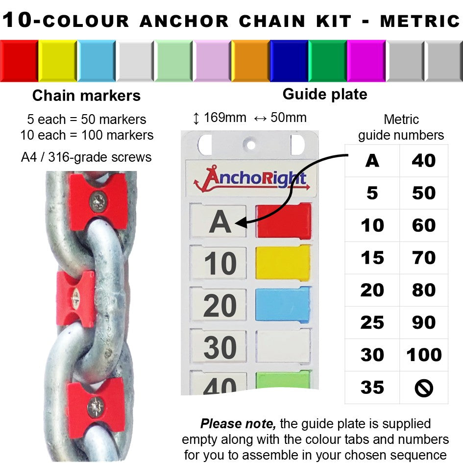 10-colour anchor chain marking kit with chain markers and guide plate showing metric measurements