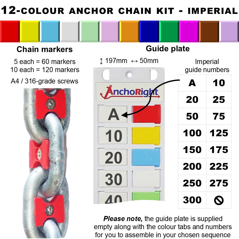12-colour anchor chain marking kit with chain markers and guide plate showing imperial measurements
