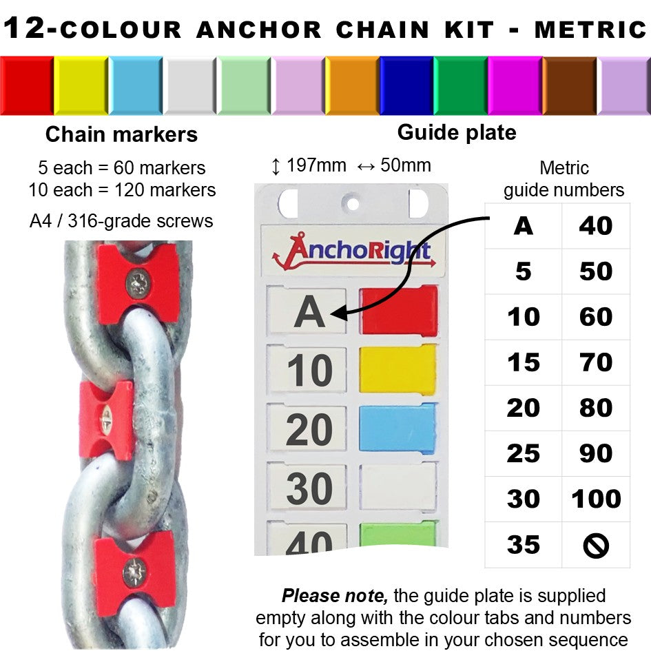 12-colour anchor chain marking kit with chain markers and guide plate showing metric measurements