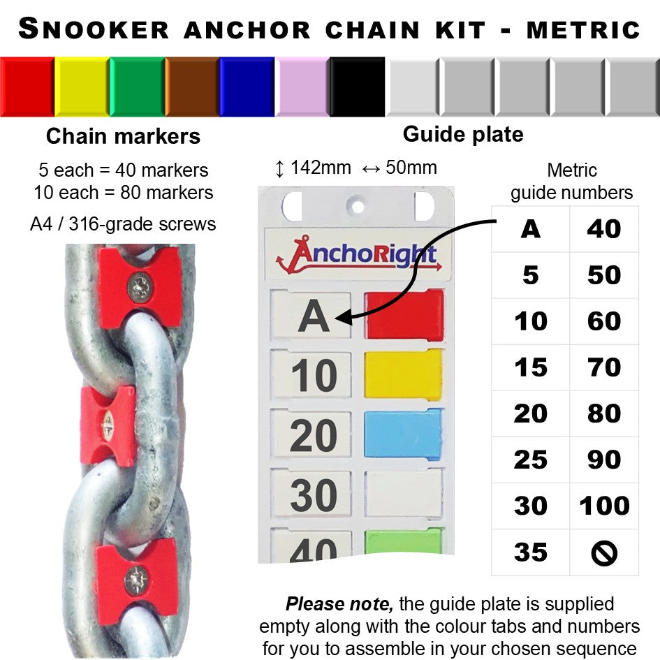 Snooker-colour anchor chain marking kit with chain markers and guide plate showing metric measurements