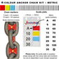 4-colour anchor chain marking kit with chain markers and guide plate showing metric measurements