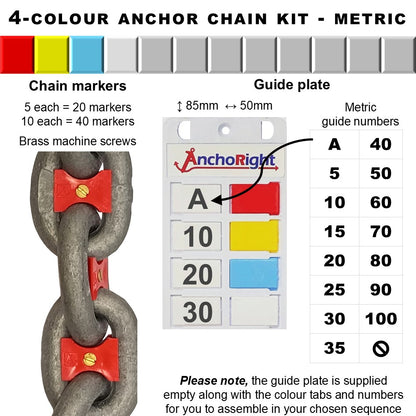 4-colour anchor chain marking kit with chain markers and guide plate showing metric measurements