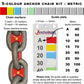 5-colour anchor chain marking kit with chain markers and guide plate showing metric measurements