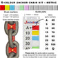 6-colour anchor chain marking kit with chain markers and guide plate showing metric measurements