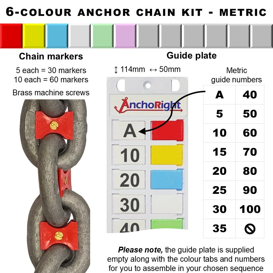 6-colour anchor chain marking kit with chain markers and guide plate showing metric measurements