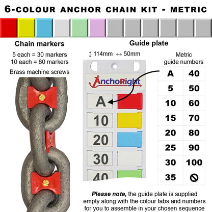 6-colour anchor chain marking kit with chain markers and guide plate showing metric measurements