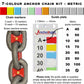 7-colour anchor chain marking kit with chain markers and guide plate showing metric measurements