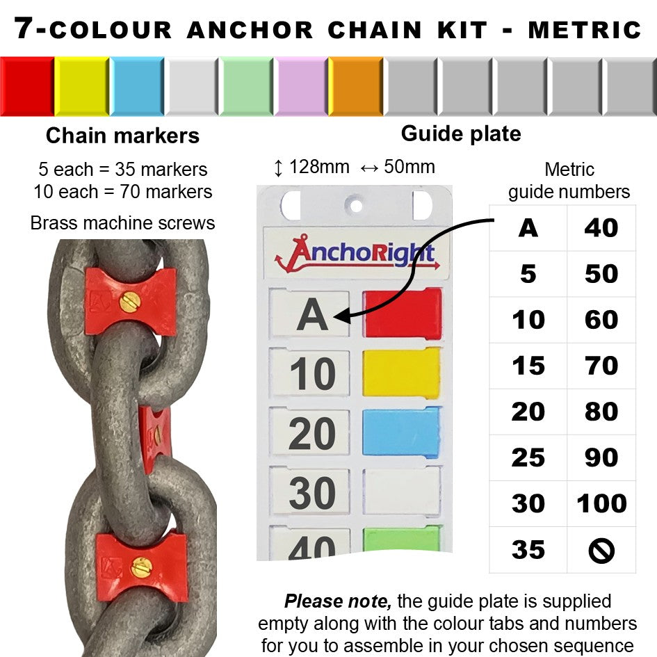 7-colour anchor chain marking kit with chain markers and guide plate showing metric measurements