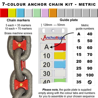 7-colour anchor chain marking kit with chain markers and guide plate showing metric measurements