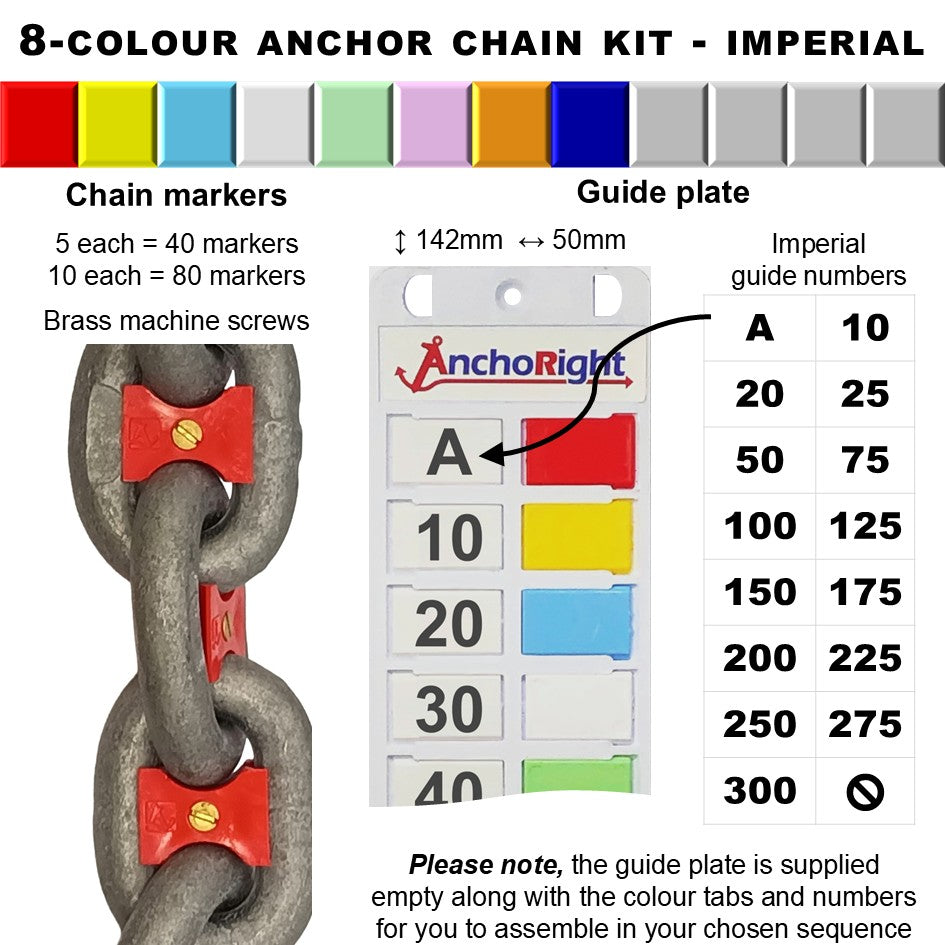 8-colour anchor chain marking kit with chain markers and guide plate showing imperial measurements