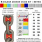 8-colour anchor chain marking kit with chain markers and guide plate showing metric measurements