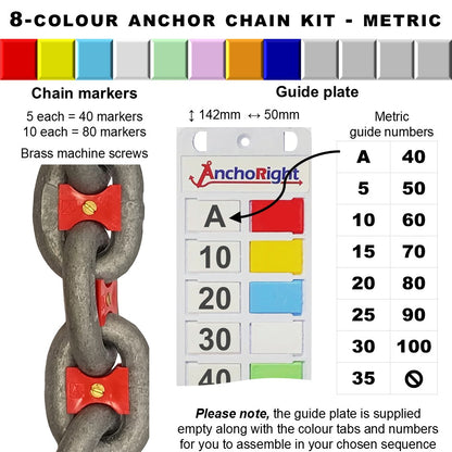 8-colour anchor chain marking kit with chain markers and guide plate showing metric measurements