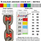 9-colour anchor chain marking kit with chain markers and guide plate showing metric measurements