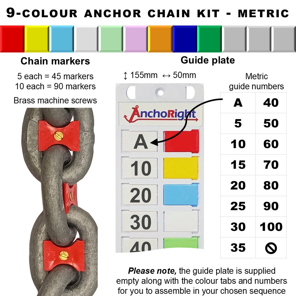 9-colour anchor chain marking kit with chain markers and guide plate showing metric measurements