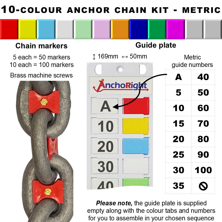 10-colour anchor chain marking kit with chain markers and guide plate showing metric measurements
