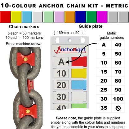 10-colour anchor chain marking kit with chain markers and guide plate showing metric measurements
