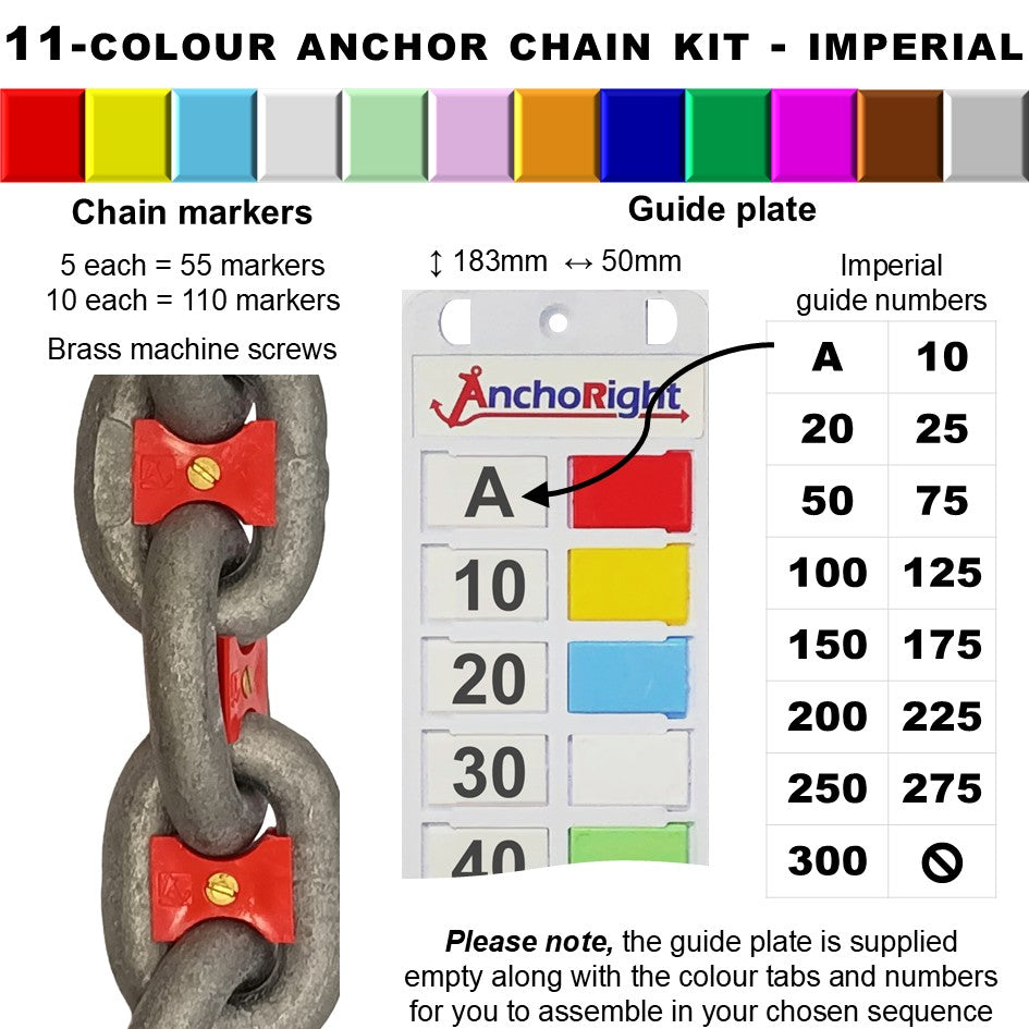 11-colour anchor chain marking kit with chain markers and guide plate showing imperial measurements