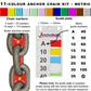 11-colour anchor chain marking kit with chain markers and guide plate showing metric measurements