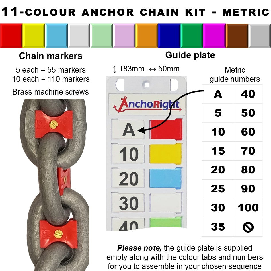 11-colour anchor chain marking kit with chain markers and guide plate showing metric measurements