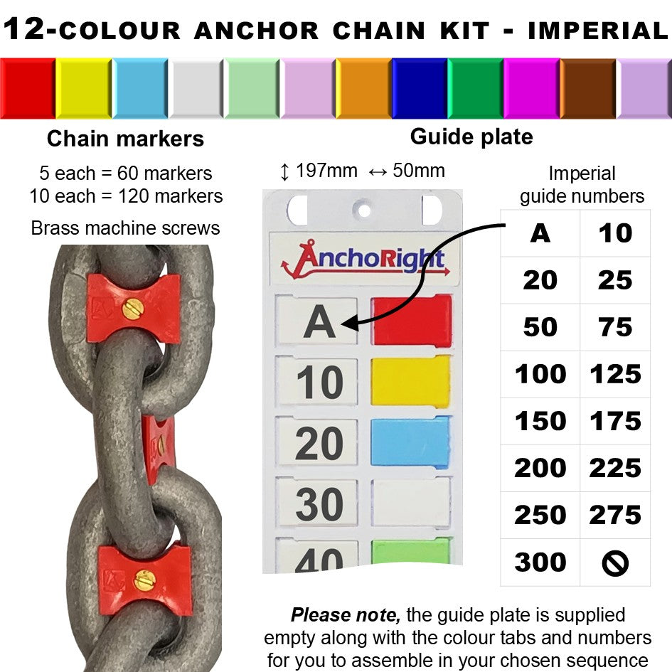 12-colour anchor chain marking kit with chain markers and guide plate showing imperial measurements