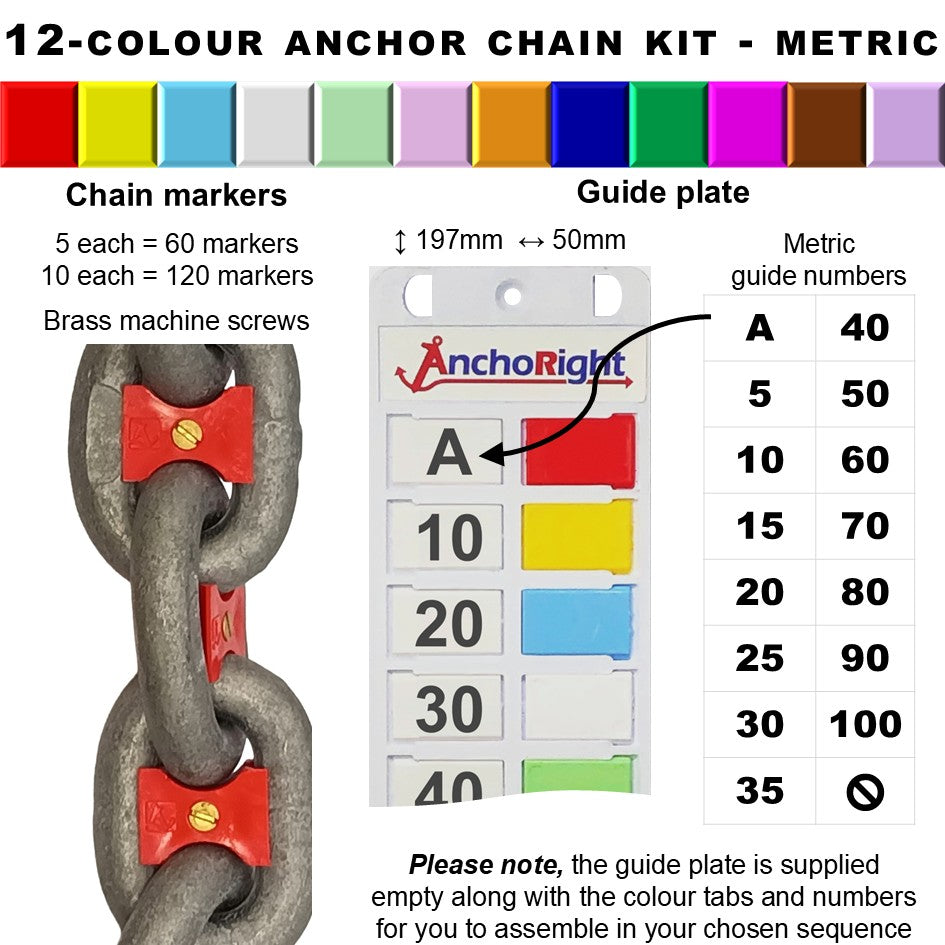 12-colour anchor chain marking kit with chain markers and guide plate showing metric measurements