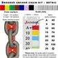 Snooker-colour anchor chain marking kit with chain markers and guide plate showing metric measurements