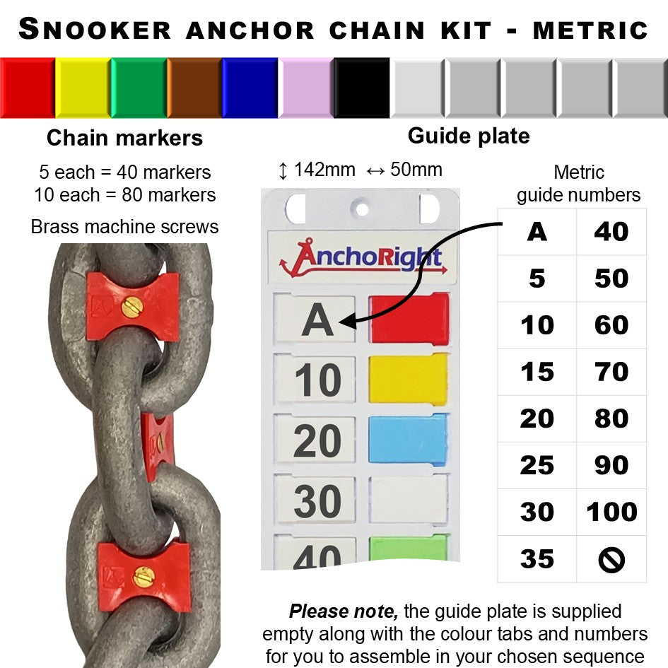 Snooker-colour anchor chain marking kit with chain markers and guide plate showing metric measurements